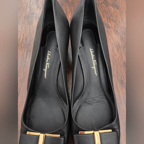 Salvatore Ferragamo Black Leather Heels with Gold Accents - Picture 8 of 10